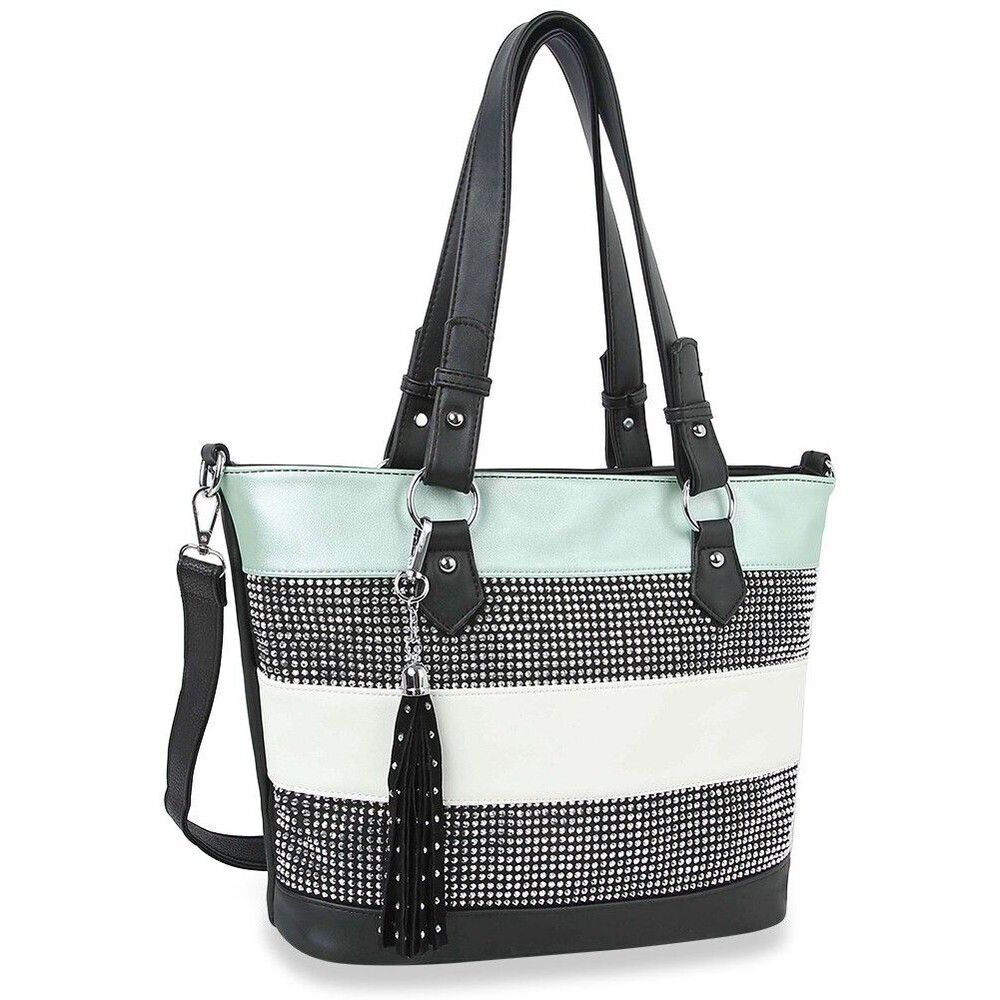 Mint Lightweight Rhinestone Accent Striped Handbag